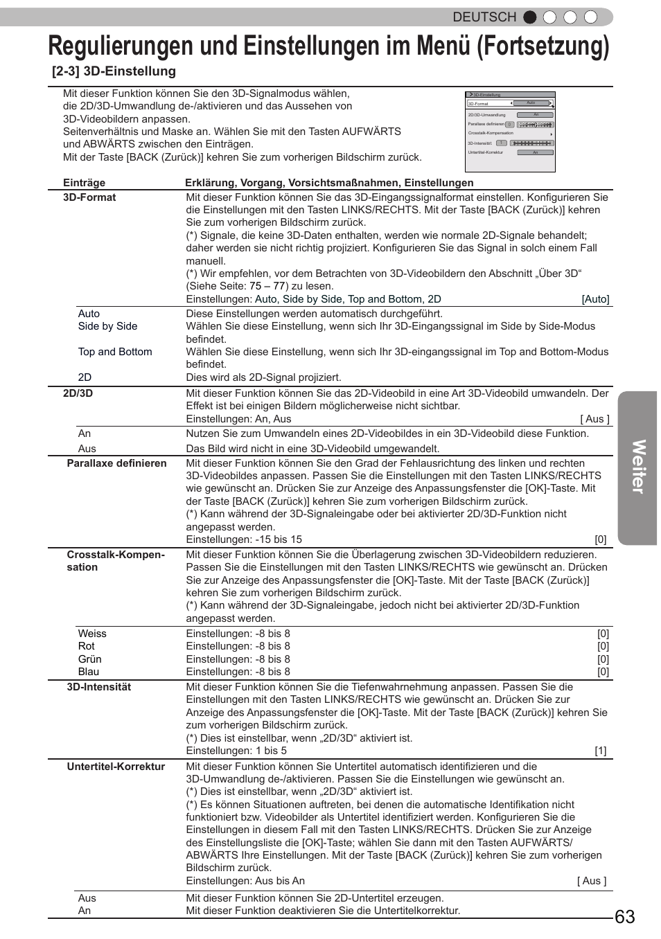 Weiter, Deutsch, 3] 3d-einstellung | JVC DLA-X90R User Manual | Page 63 / 192