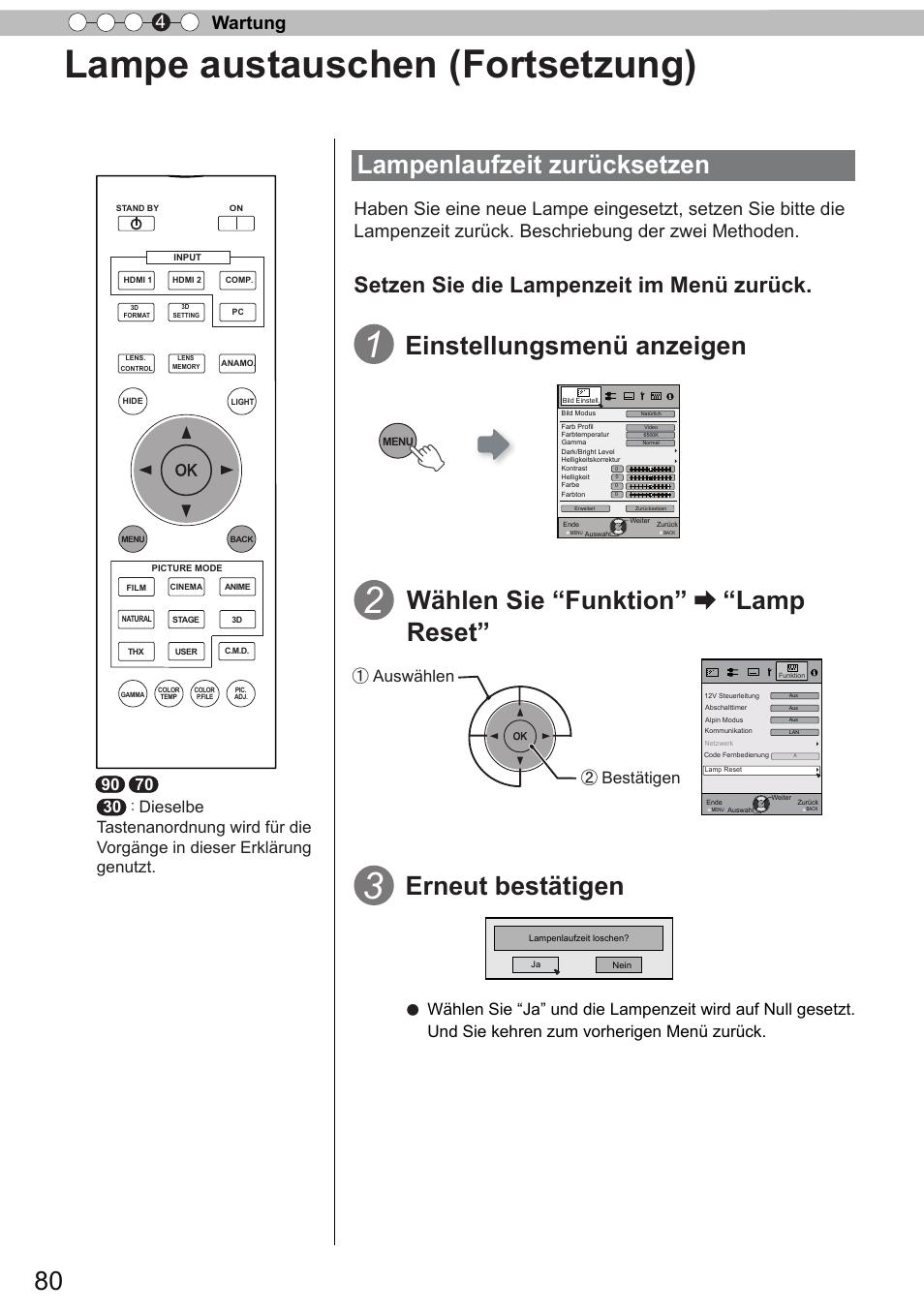 Lampe austauschen (fortsetzung), Lampenlaufzeit zurücksetzen, Erneut bestätigen | Setzen sie die lampenzeit im menü zurück, Wartung 4, Bestätigen ① auswählen 30 | JVC DLA-X90R User Manual | Page 80 / 192