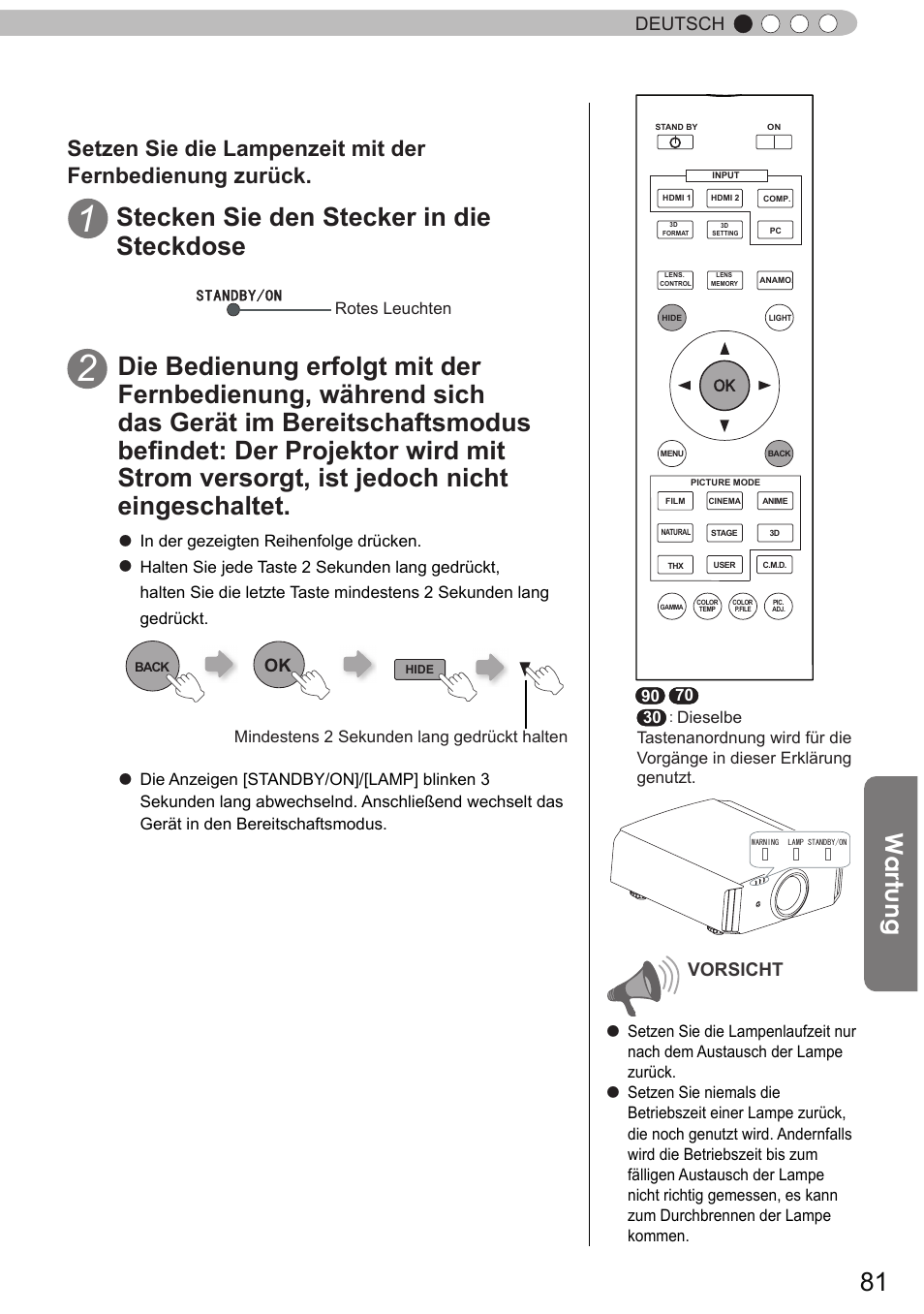 Stecken sie den stecker in die steckdose, Wartung, Deutsch | Vorsicht | JVC DLA-X90R User Manual | Page 81 / 192