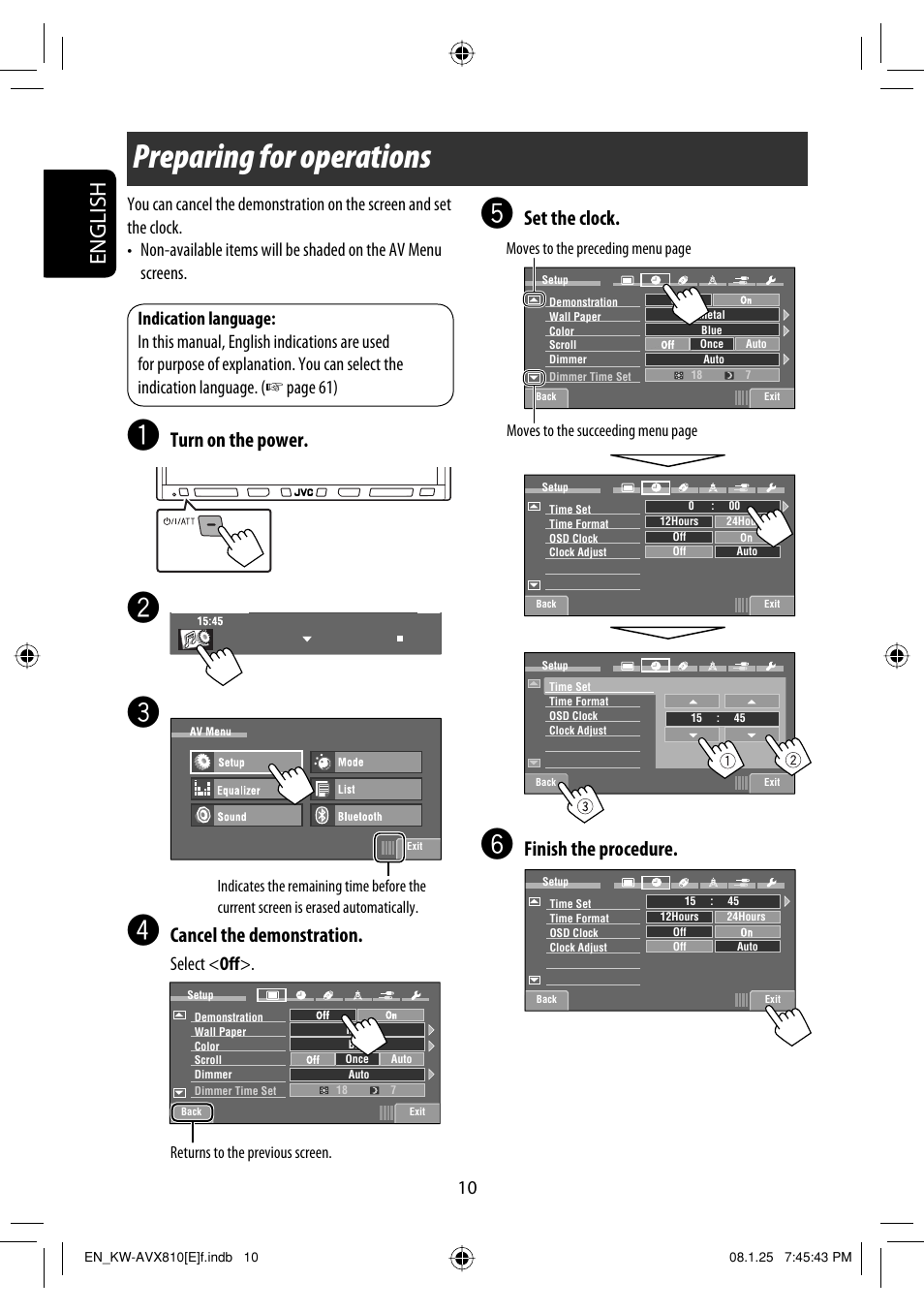 Operations, Preparing for operations, English | Set the clock, Finish the procedure, Turn on the power, Cancel the demonstration, Select < off | JVC KW-AVX810 User Manual | Page 10 / 331