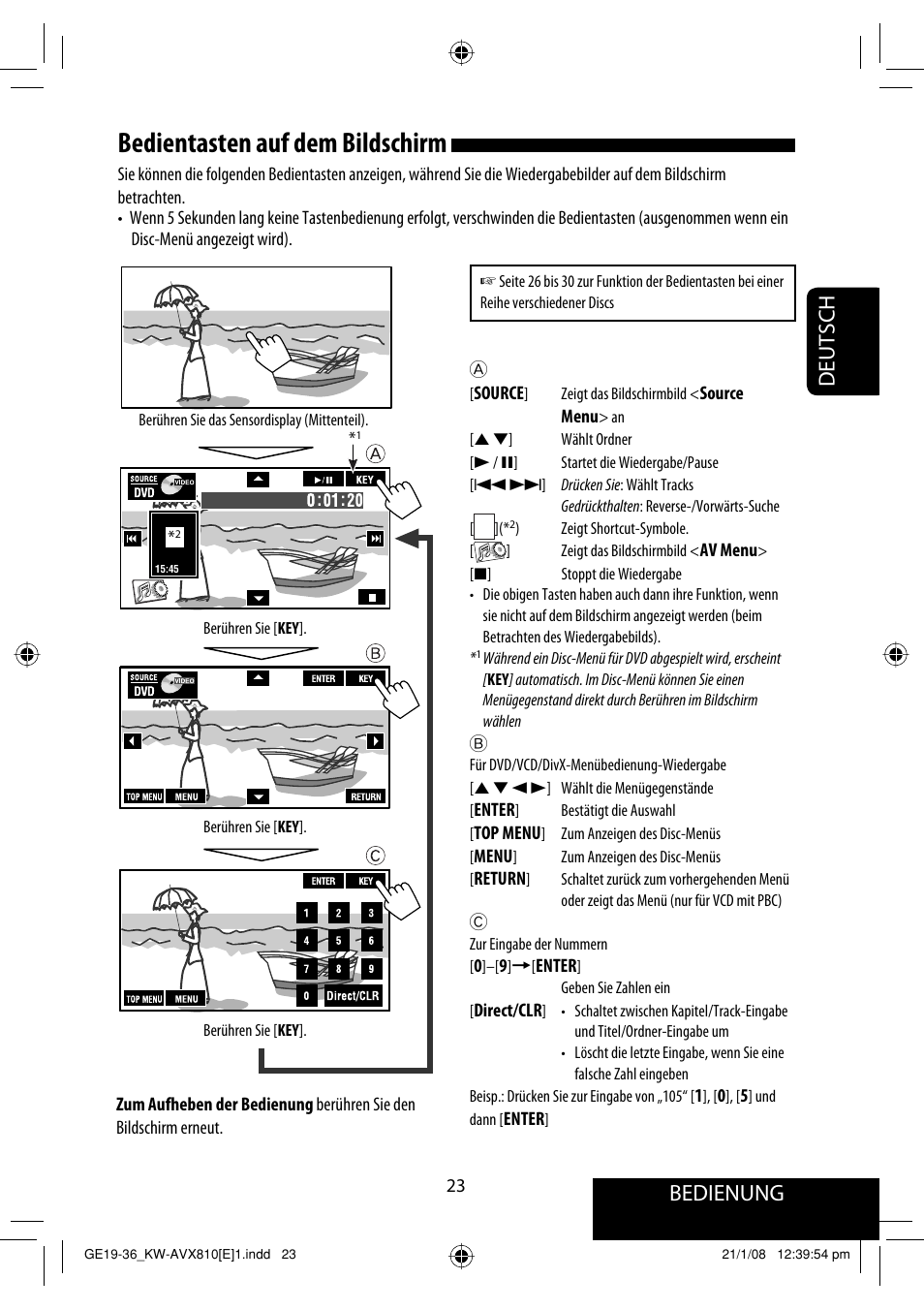 Bedientasten auf dem bildschirm, Bedienung, Deutsch | JVC KW-AVX810 User Manual | Page 105 / 331