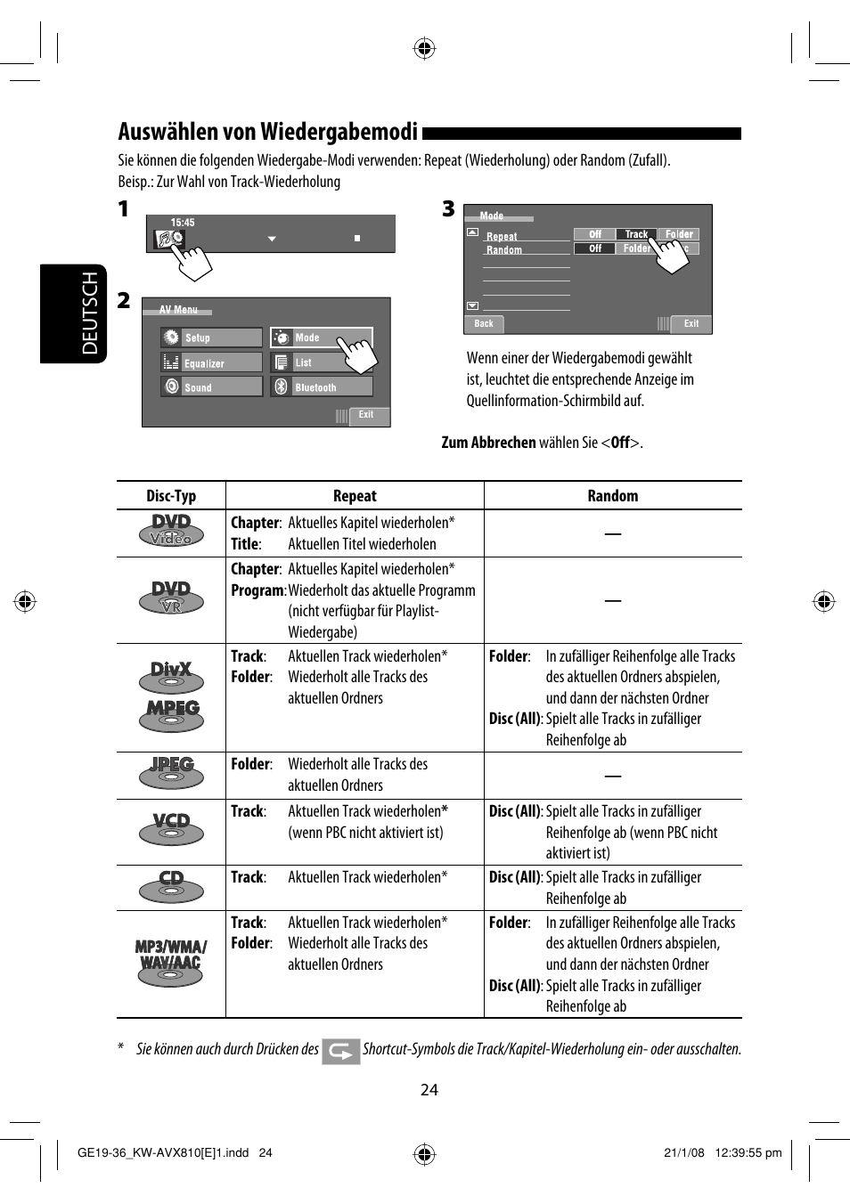 Auswählen von wiedergabemodi, Deutsch | JVC KW-AVX810 User Manual | Page 106 / 331