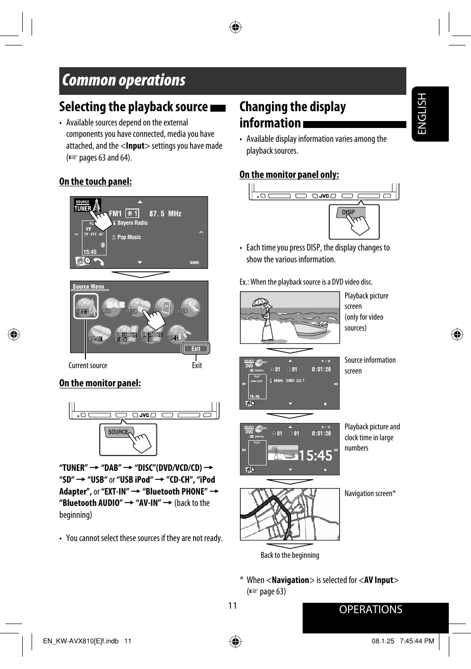 Common operations, Changing the display information, Selecting the playback source | Operations, English | JVC KW-AVX810 User Manual | Page 11 / 331