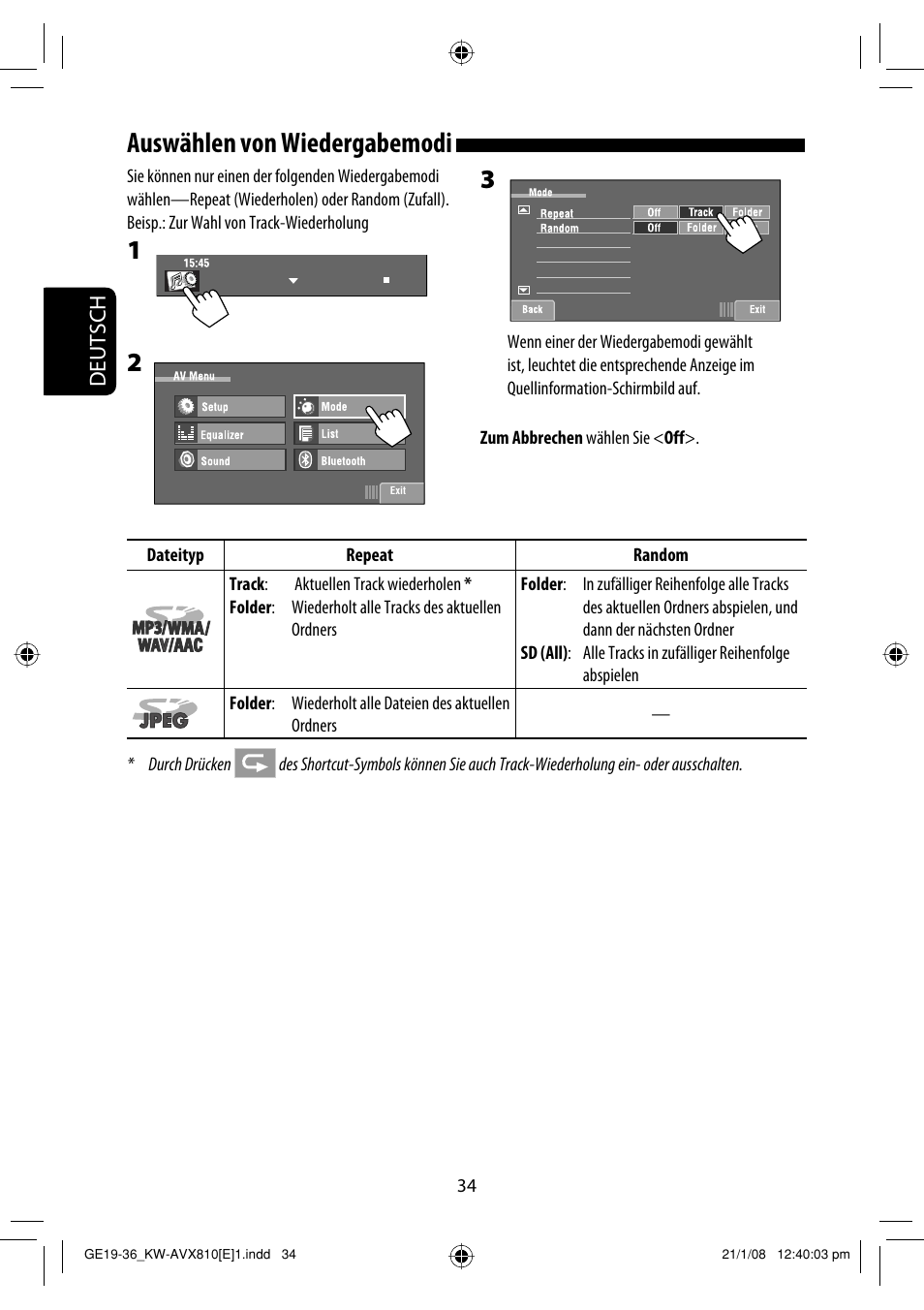 Auswählen von wiedergabemodi, Deutsch | JVC KW-AVX810 User Manual | Page 116 / 331