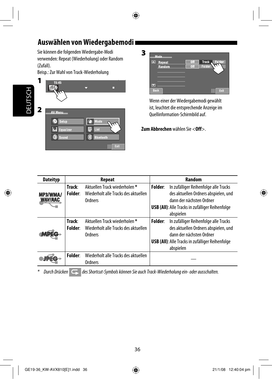 Auswählen von wiedergabemodi, Deutsch | JVC KW-AVX810 User Manual | Page 118 / 331