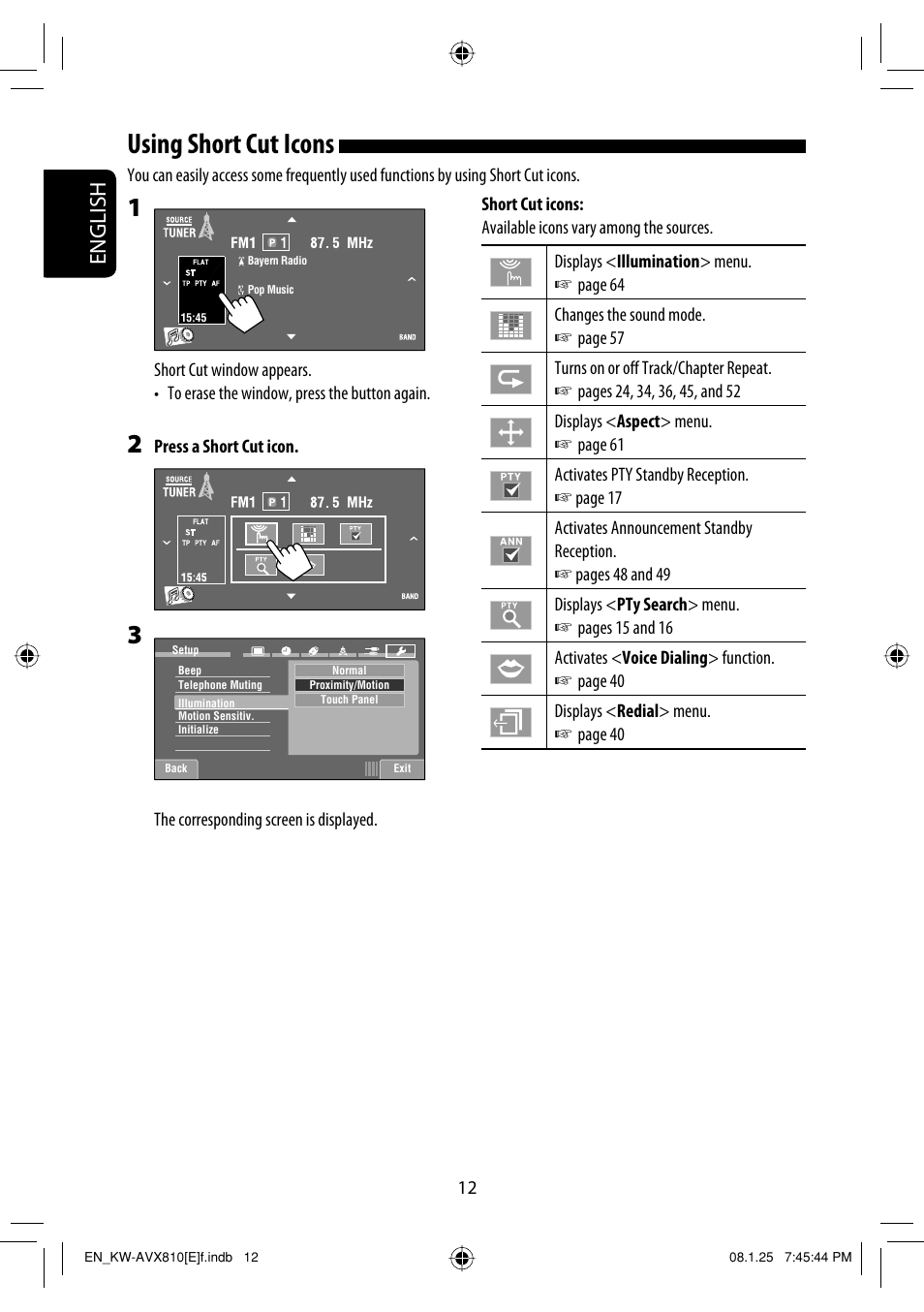 Using short cut icons, English | JVC KW-AVX810 User Manual | Page 12 / 331