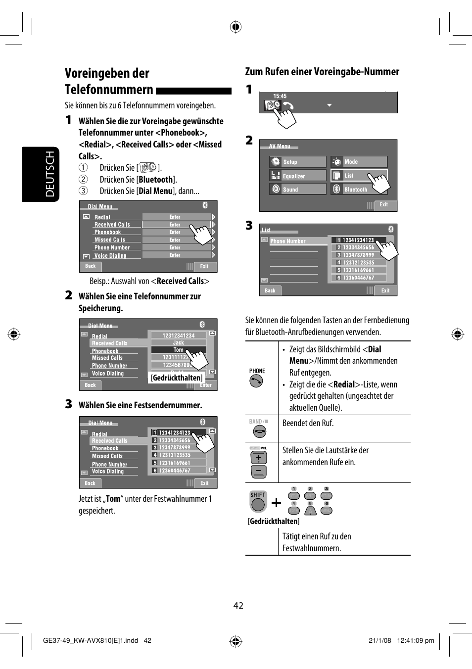 Voreingeben der telefonnummern, Deutsch zum rufen einer voreingabe-nummer | JVC KW-AVX810 User Manual | Page 124 / 331