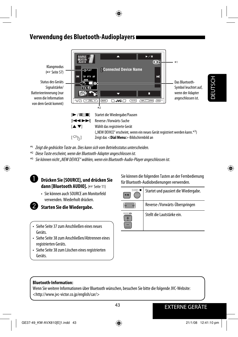 Verwendung des bluetooth-audioplayers, Externe geräte, Deutsch | JVC KW-AVX810 User Manual | Page 125 / 331