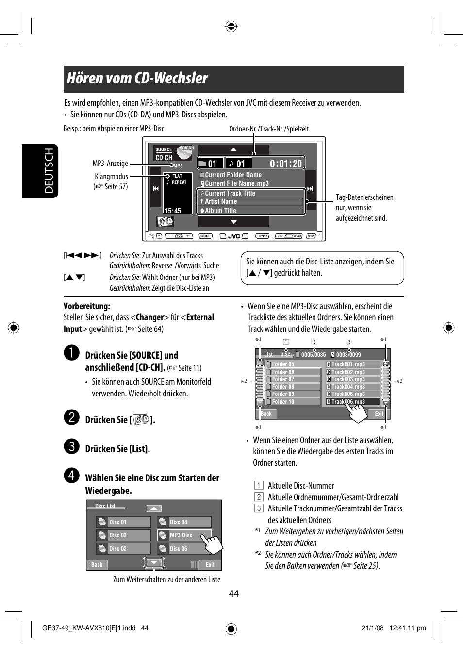 Hören vom cd-wechsler, Deutsch, Drücken sie [source] und anschließend [cd-ch | Drücken sie, Drücken sie [list, Wählen sie eine disc zum starten der wiedergabe | JVC KW-AVX810 User Manual | Page 126 / 331