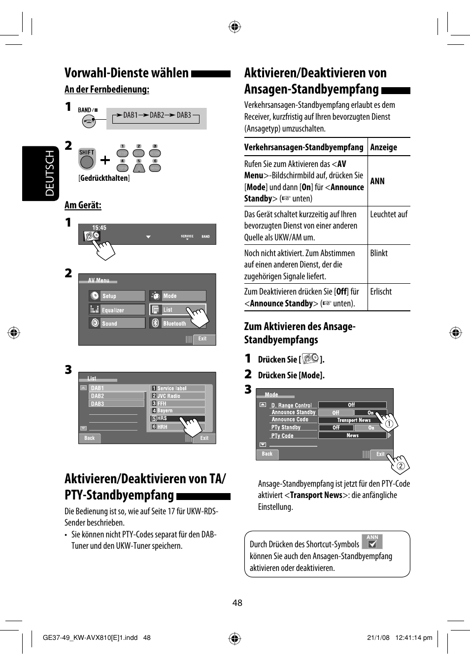 Vorwahl-dienste wählen, Aktivieren/deaktivieren von ta/ pty-standbyempfang, Aktivieren/deaktivieren von ansagen-standbyempfang | JVC KW-AVX810 User Manual | Page 130 / 331