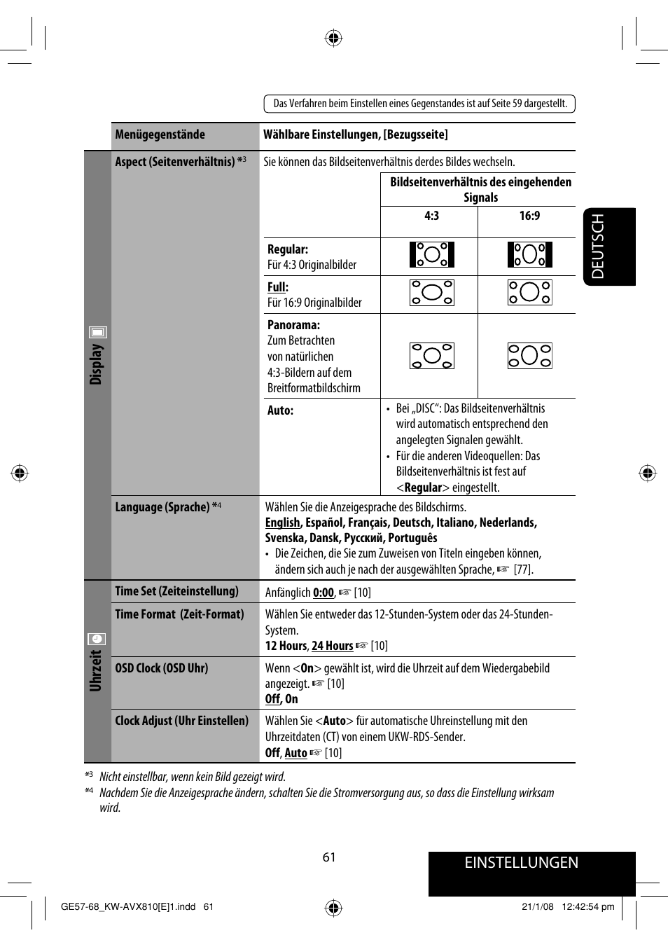 Einstellungen, Deutsch, Display | Uhrzeit | JVC KW-AVX810 User Manual | Page 143 / 331