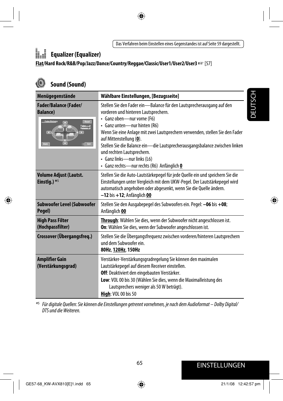 Einstellungen, Deutsch equalizer (equalizer), Sound (sound) | JVC KW-AVX810 User Manual | Page 147 / 331