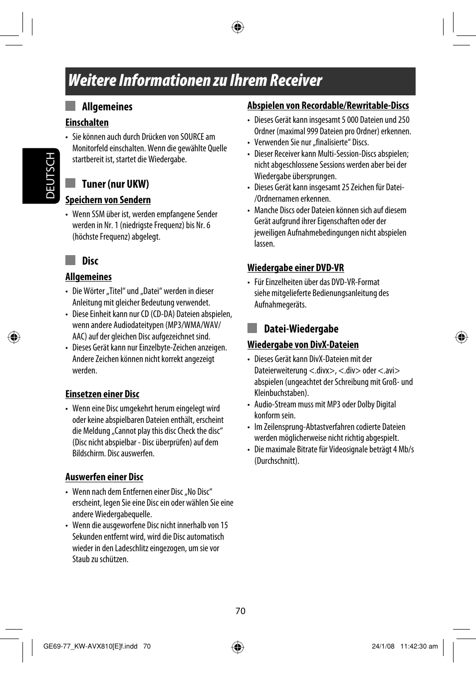 Weitere informationen zu ihrem receiver, Deutsch, Allgemeines | Tuner (nur ukw), Disc, Datei-wiedergabe | JVC KW-AVX810 User Manual | Page 152 / 331