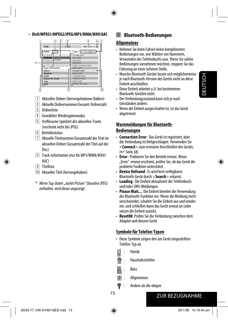 Zur bezugnahme deutsch bluetooth-bedienungen | JVC KW-AVX810 User Manual | Page 155 / 331