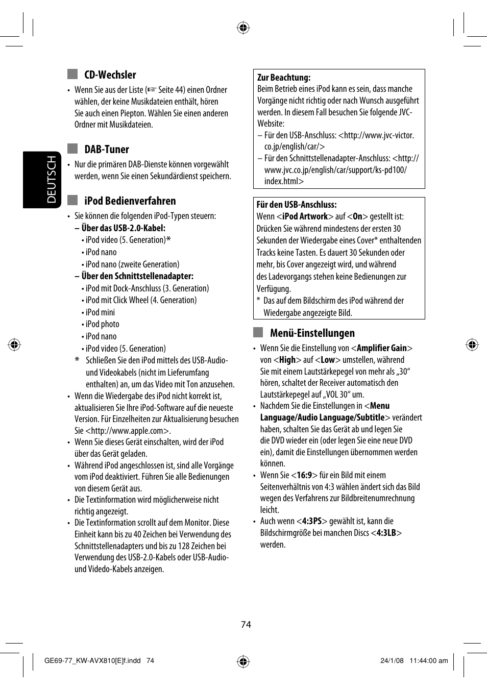 Deutsch, Cd-wechsler, Dab-tuner | Ipod bedienverfahren, Menü-einstellungen | JVC KW-AVX810 User Manual | Page 156 / 331
