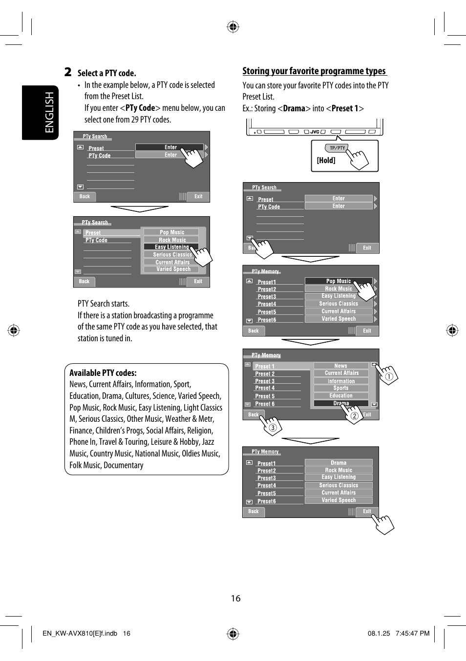 English, Storing your favorite programme types | JVC KW-AVX810 User Manual | Page 16 / 331