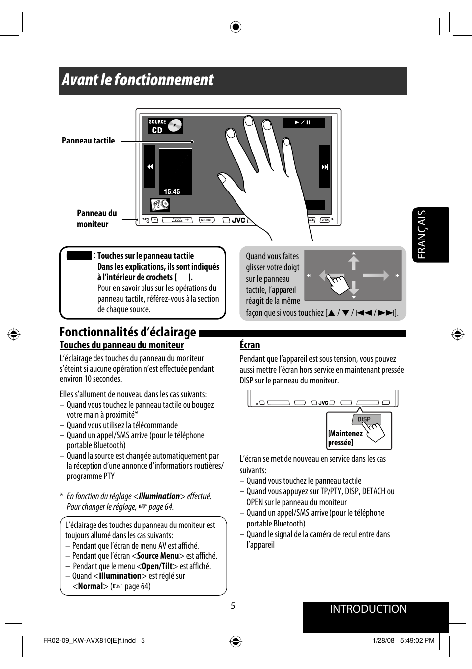 Avant le fonctionnement, Fonctionnalités d’éclairage, Introduction français | JVC KW-AVX810 User Manual | Page 169 / 331