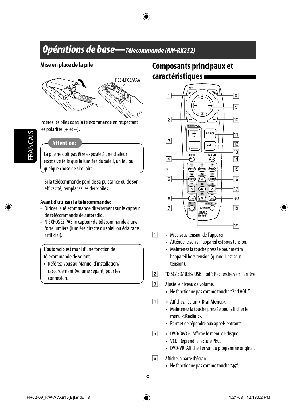 Opérations de base, Composants principaux et caractéristiques, Français | Télécommande (rm-rk252) | JVC KW-AVX810 User Manual | Page 172 / 331