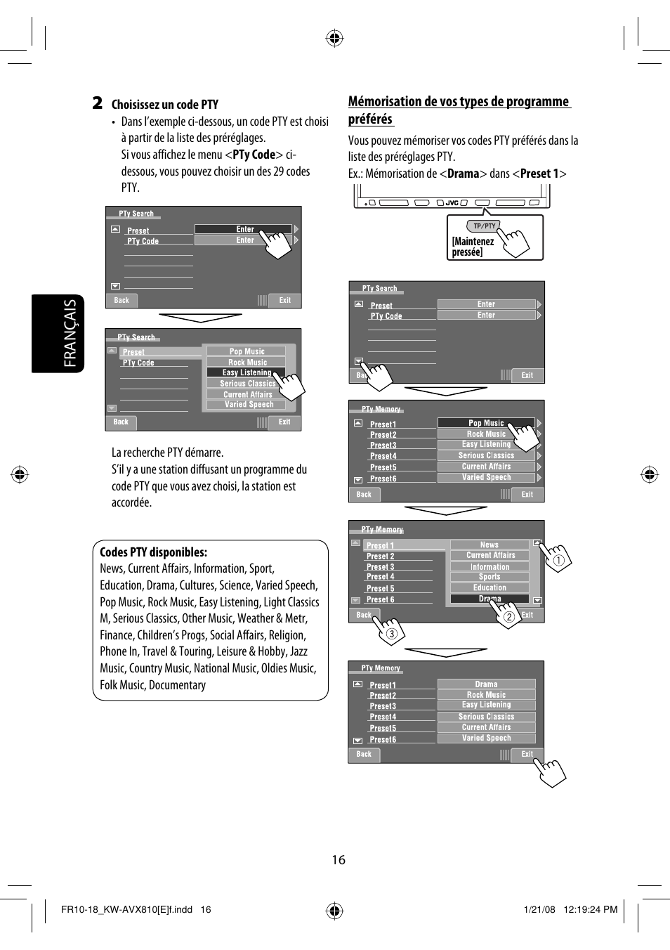 Français, Mémorisation de vos types de programme préférés | JVC KW-AVX810 User Manual | Page 180 / 331