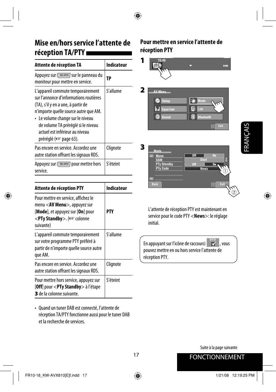 Mise en/hors service l’attente de réception ta/pty, Fonctionnement, Français | Pour mettre en service l’attente de réception pty | JVC KW-AVX810 User Manual | Page 181 / 331