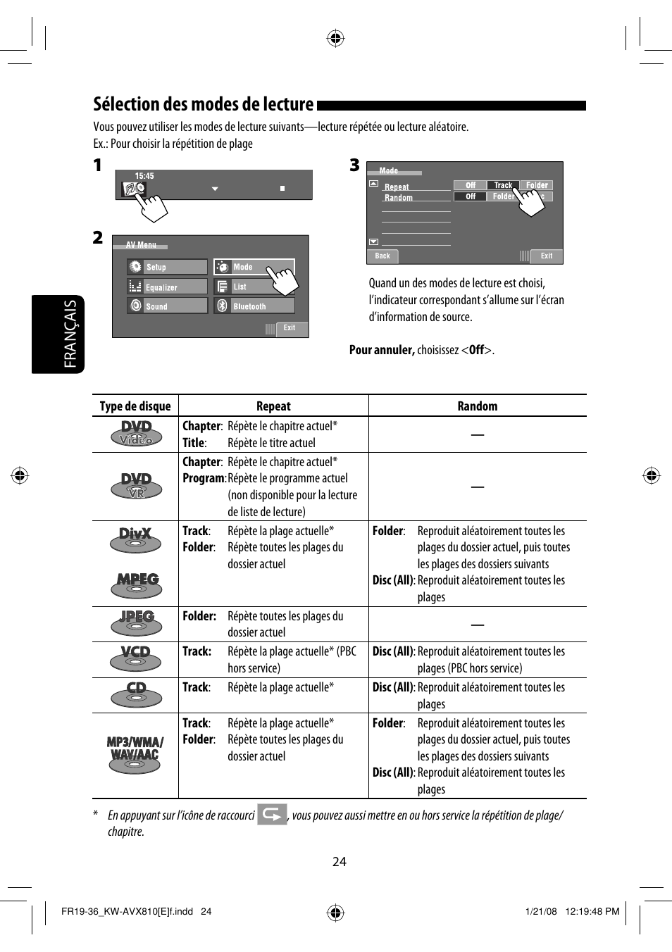 Sélection des modes de lecture, Français | JVC KW-AVX810 User Manual | Page 188 / 331