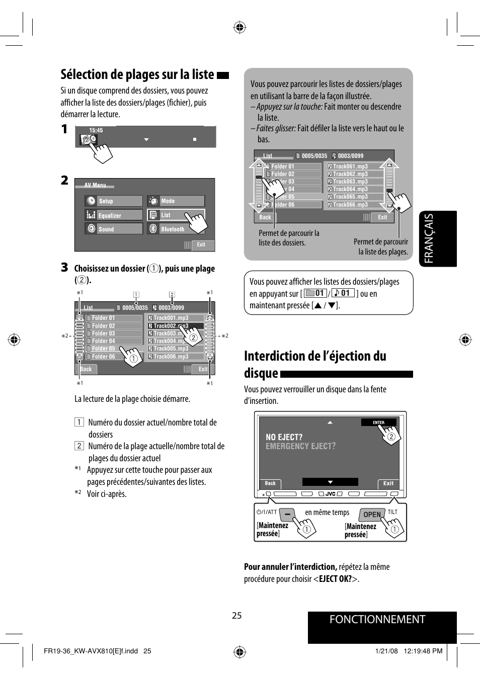 Sélection de plages sur la liste, Interdiction de l’éjection du disque, Fonctionnement | Français | JVC KW-AVX810 User Manual | Page 189 / 331
