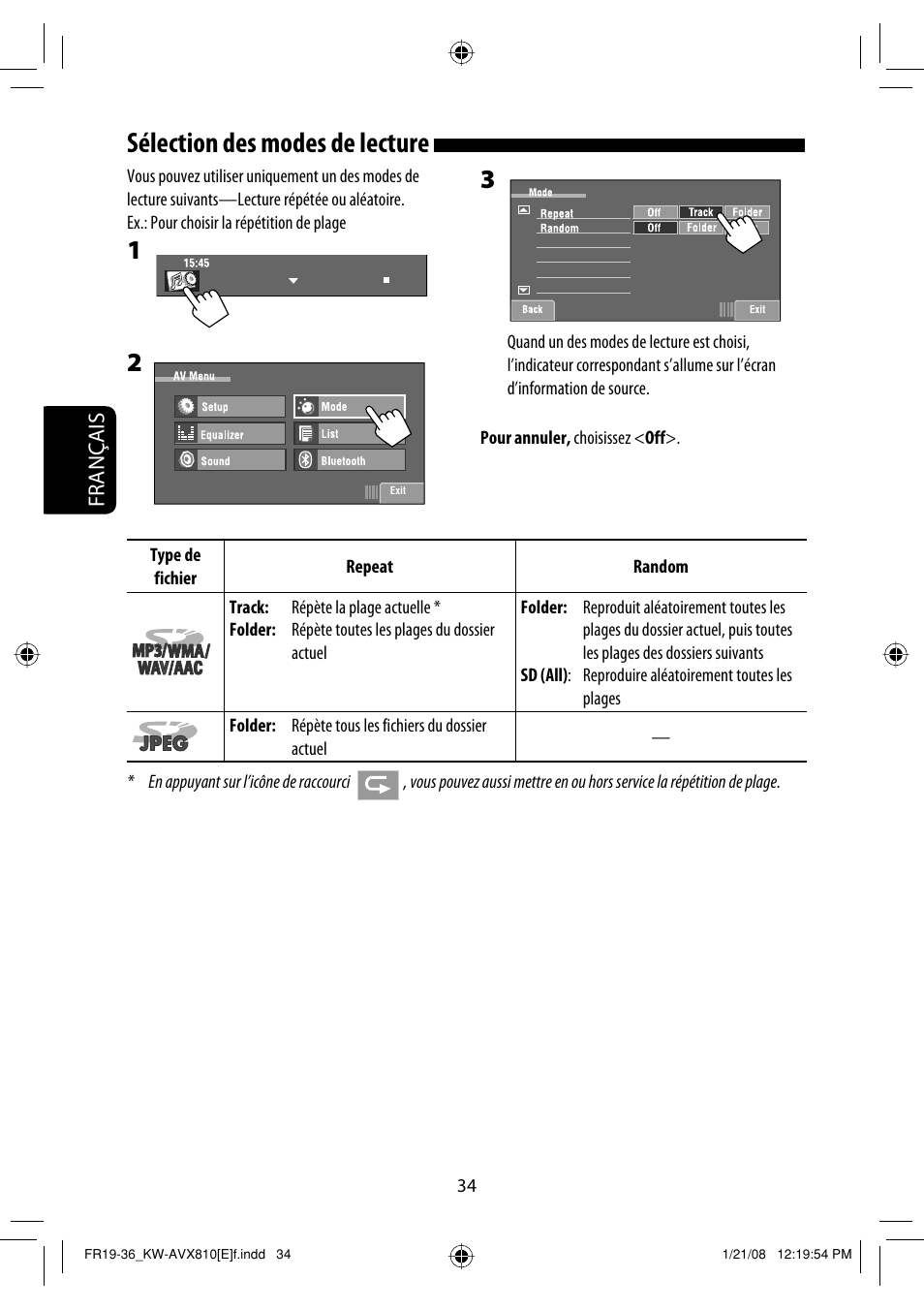 Sélection des modes de lecture, Français | JVC KW-AVX810 User Manual | Page 198 / 331