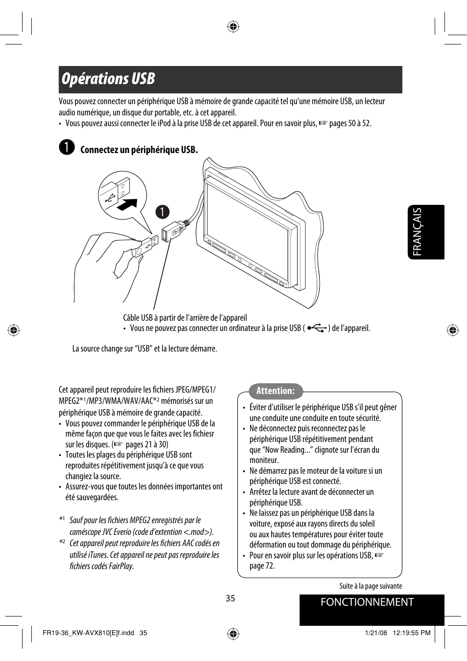 Opérations usb, Fonctionnement, Français | JVC KW-AVX810 User Manual | Page 199 / 331
