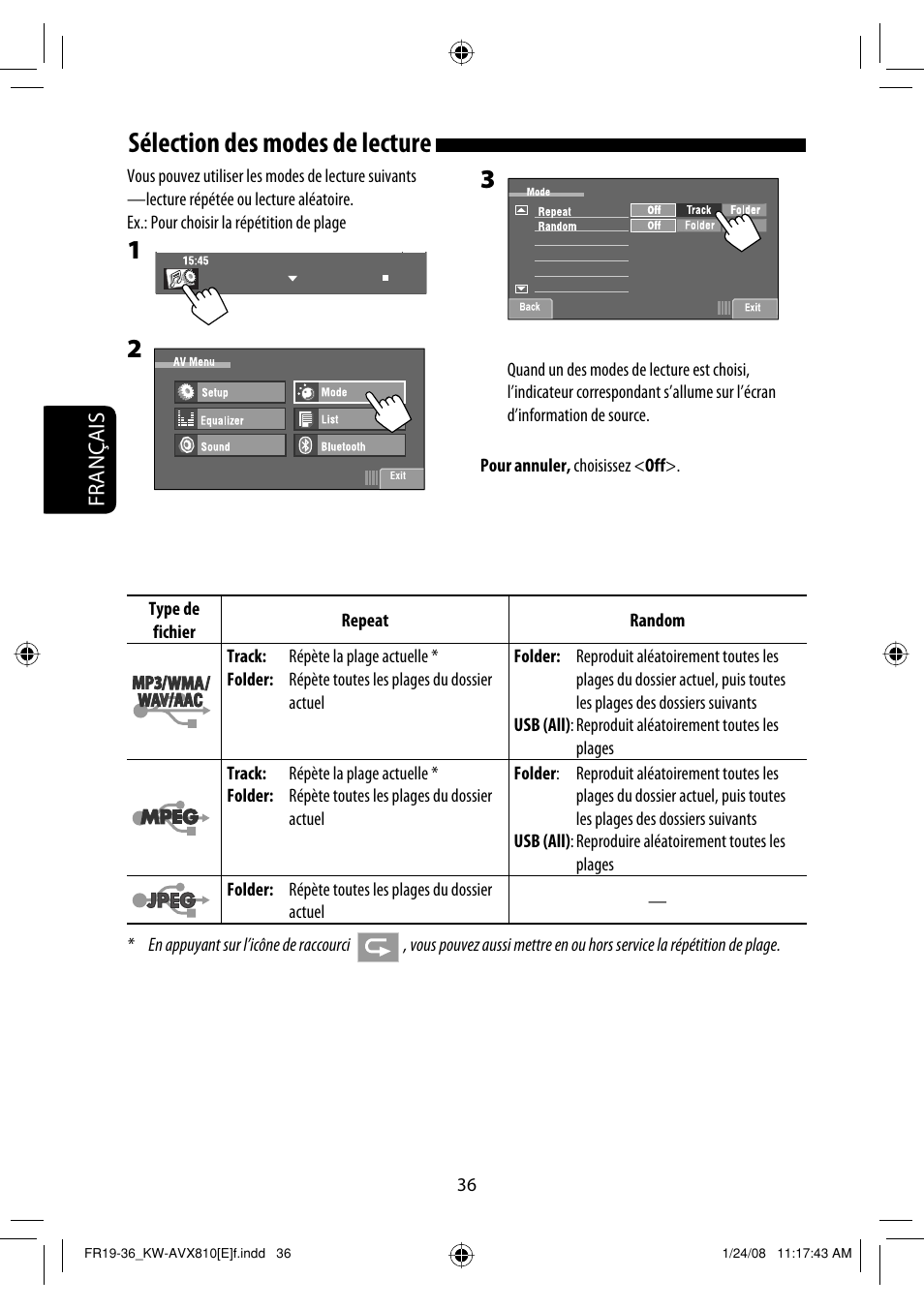 Sélection des modes de lecture, Français | JVC KW-AVX810 User Manual | Page 200 / 331