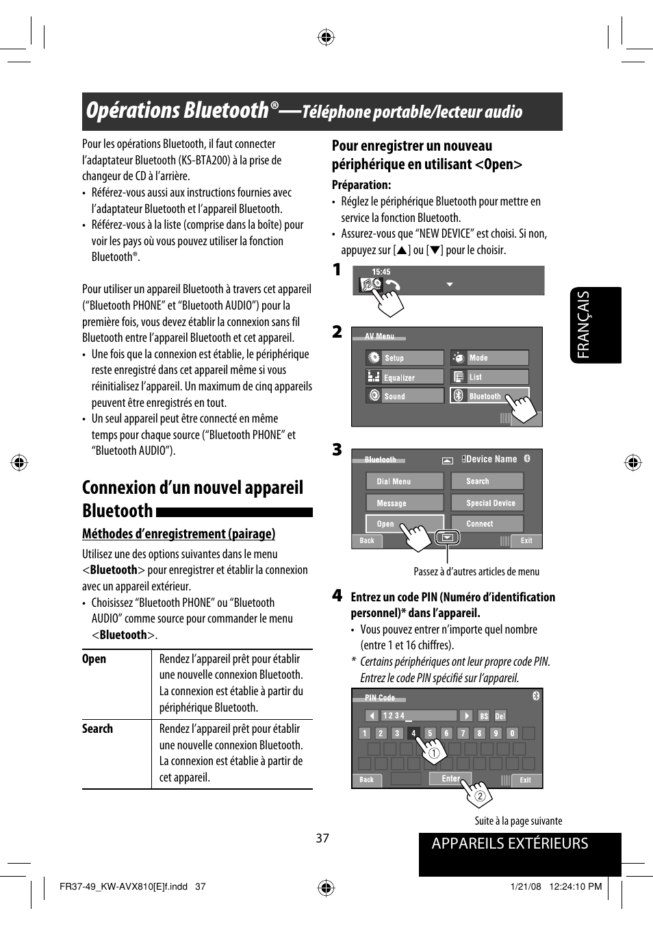 Opérations bluetooth, Connexion d’un nouvel appareil bluetooth, Téléphone portable/lecteur audio | Appareils extérieurs | JVC KW-AVX810 User Manual | Page 201 / 331