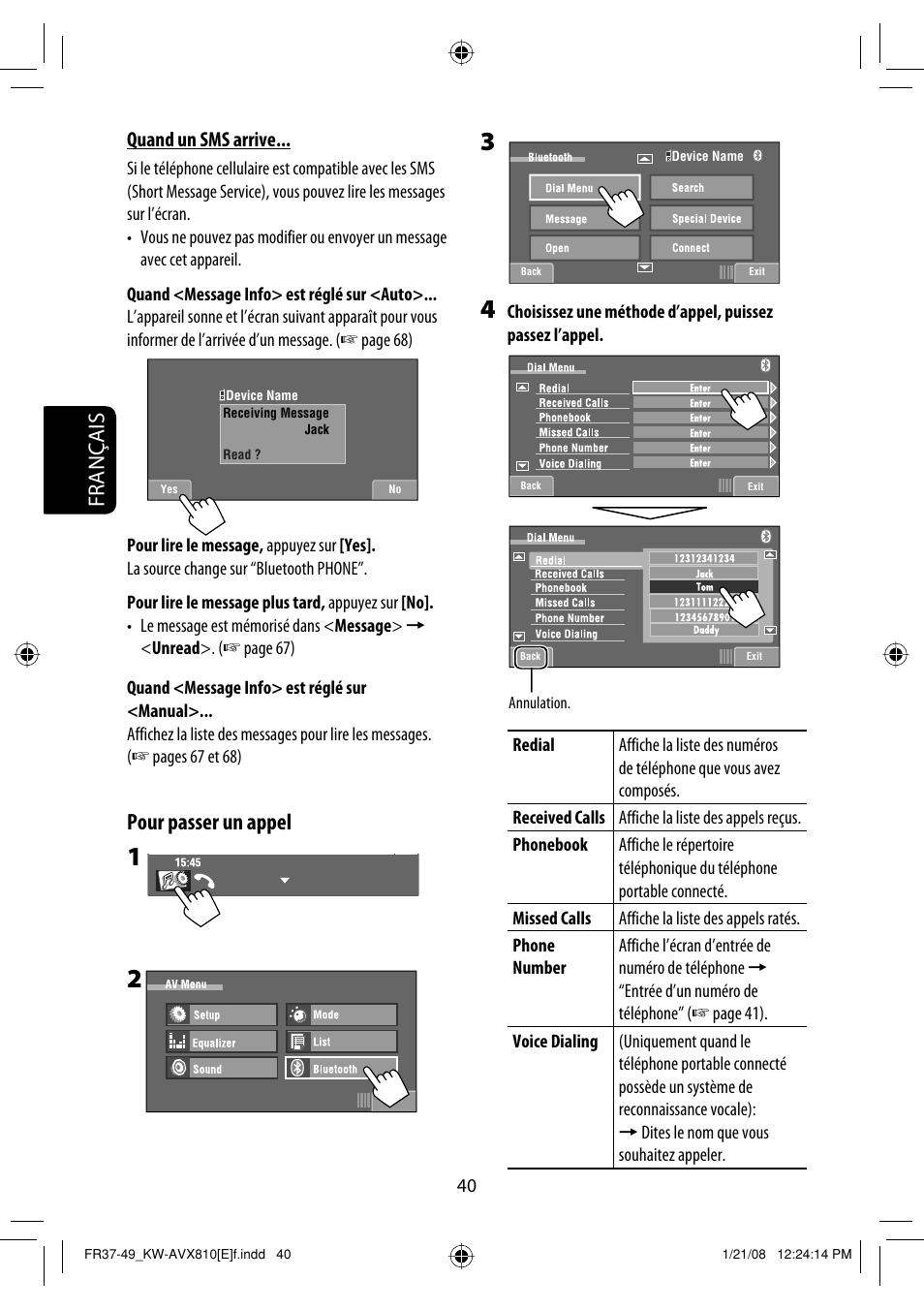 Français, Pour passer un appel, Quand un sms arrive | JVC KW-AVX810 User Manual | Page 204 / 331