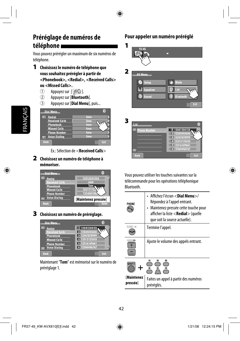 Préréglage de numéros de téléphone, Français pour appeler un numéro préréglé | JVC KW-AVX810 User Manual | Page 206 / 331