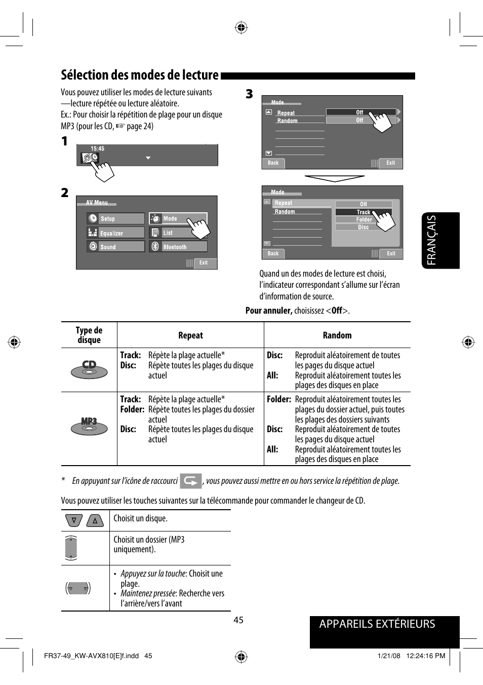 Sélection des modes de lecture, Appareils extérieurs, Français | JVC KW-AVX810 User Manual | Page 209 / 331