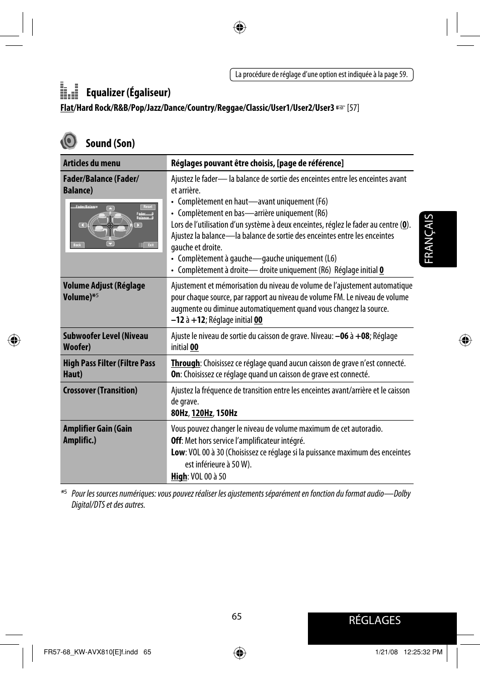 Réglages, Français equalizer (égaliseur), Sound (son) | JVC KW-AVX810 User Manual | Page 229 / 331