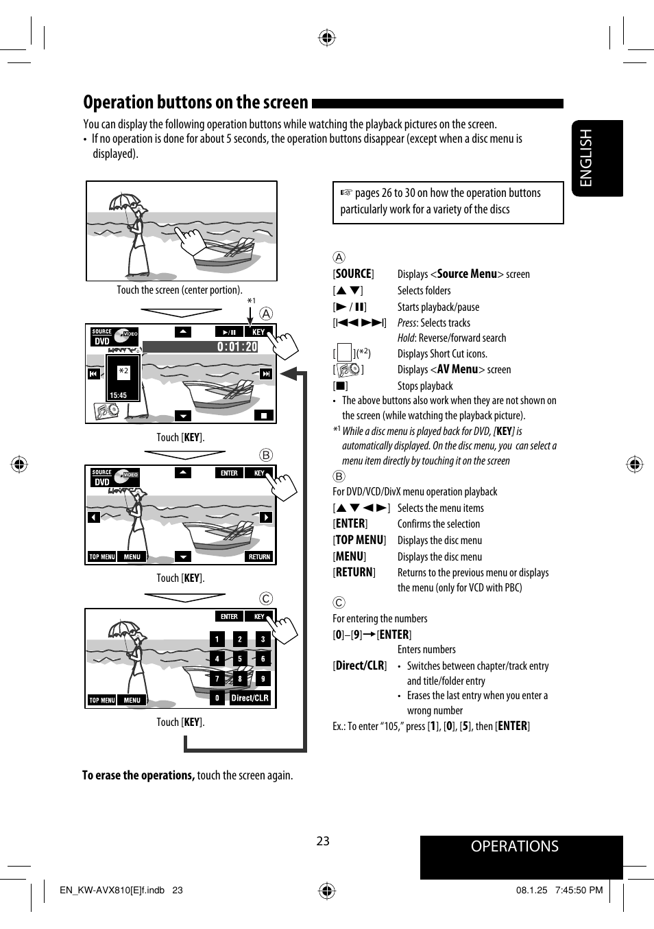 Operation buttons on the screen, Operations, English | JVC KW-AVX810 User Manual | Page 23 / 331