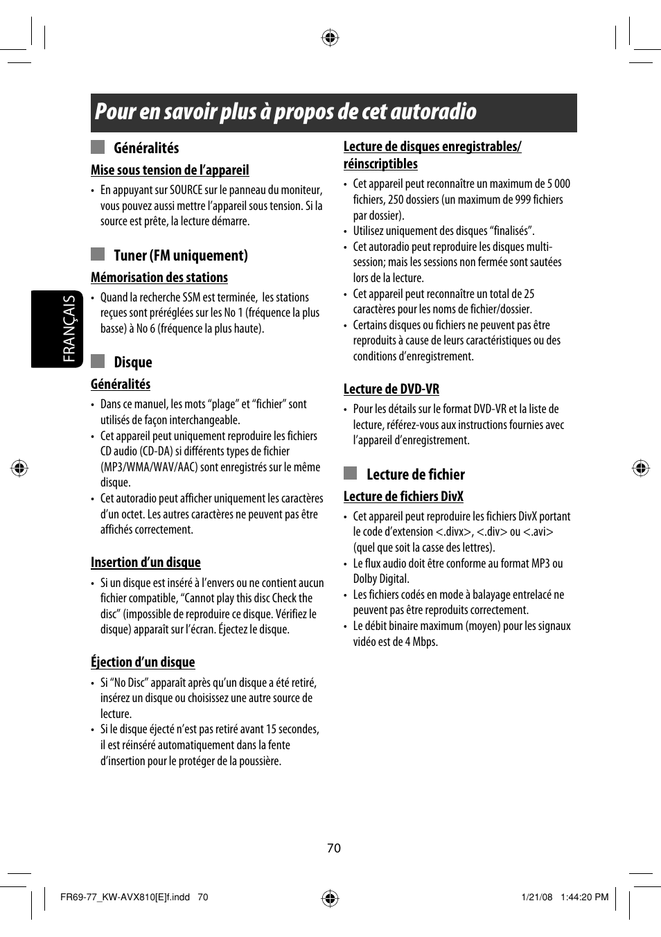 Pour en savoir plus à propos de cet autoradio, Français, Généralités | Tuner (fm uniquement), Disque, Lecture de fichier | JVC KW-AVX810 User Manual | Page 234 / 331