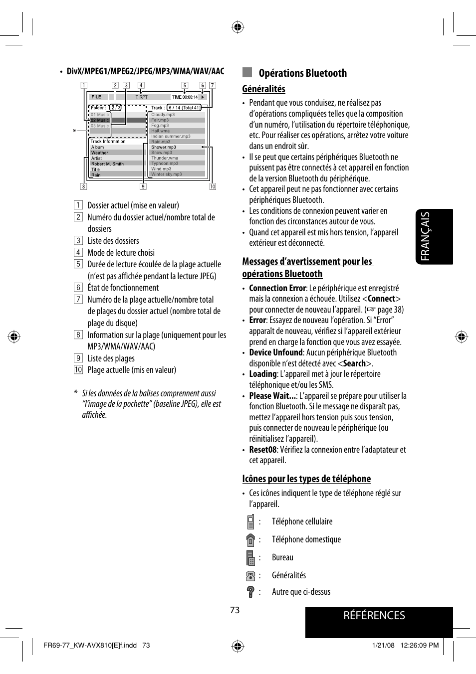 Références français opérations bluetooth | JVC KW-AVX810 User Manual | Page 237 / 331
