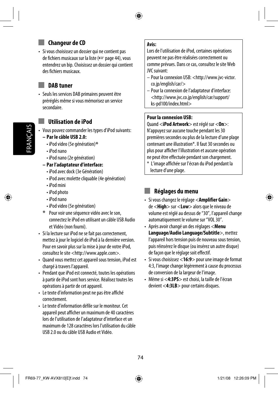 Français changeur de cd, Dab tuner, Utilisation de ipod | Réglages du menu | JVC KW-AVX810 User Manual | Page 238 / 331