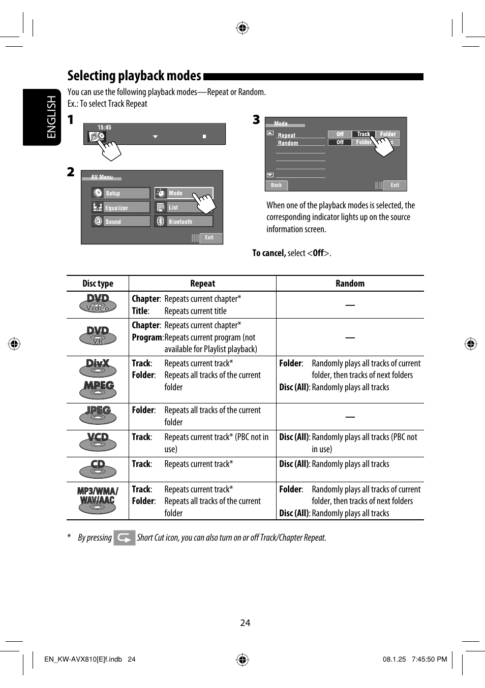 Selecting playback modes, English | JVC KW-AVX810 User Manual | Page 24 / 331