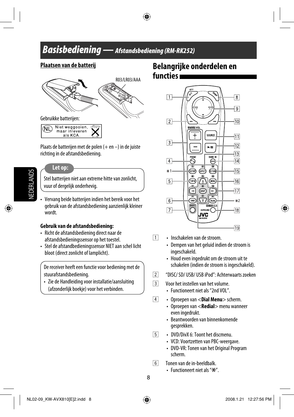 Basisbediening, Belangrijke onderdelen en functies, Afstandsbediening (rm-rk252) | Nederlands | JVC KW-AVX810 User Manual | Page 254 / 331