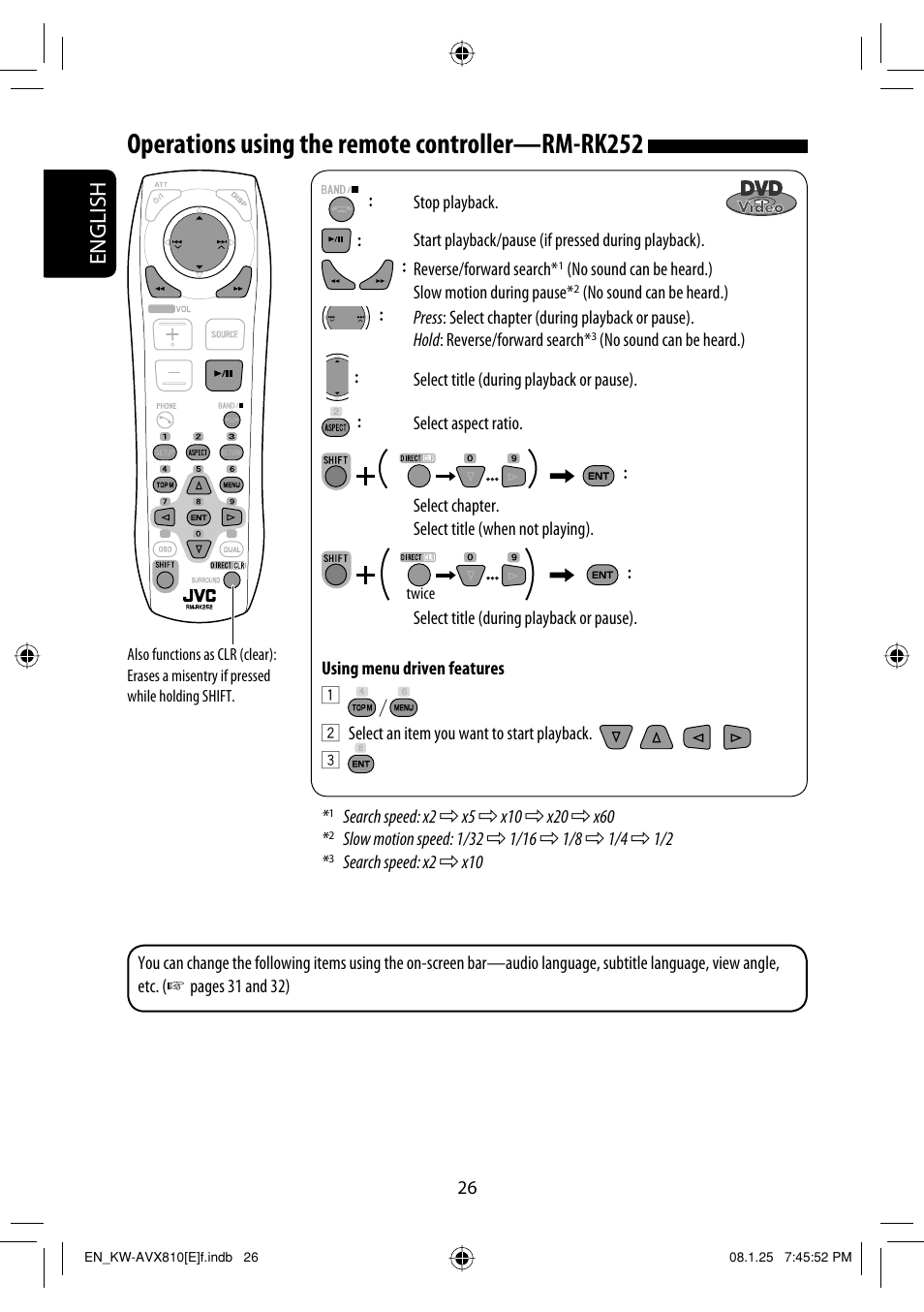 Operations using the remote controller—rm-rk252, English | JVC KW-AVX810 User Manual | Page 26 / 331
