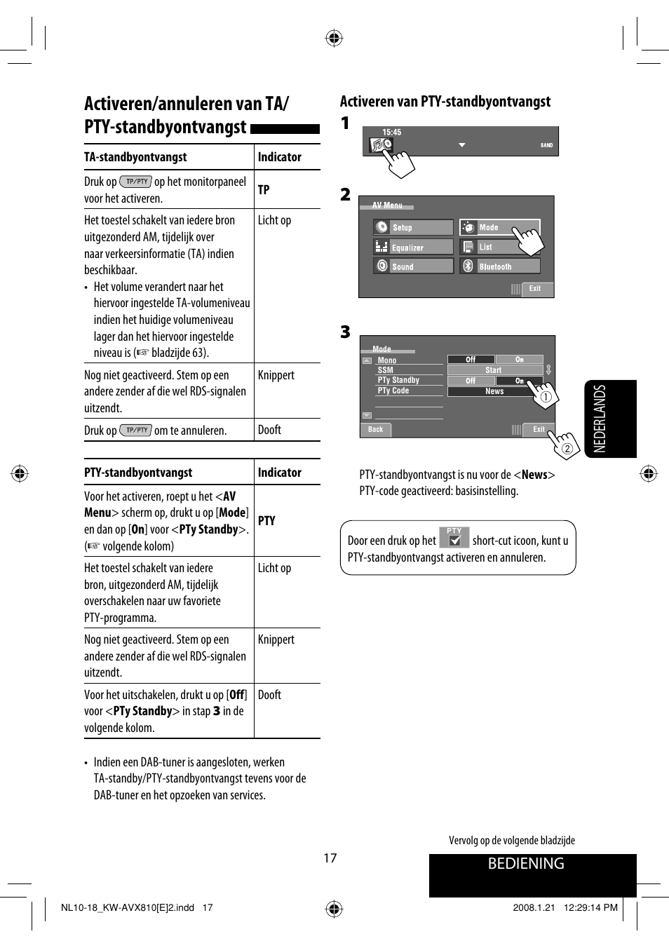 Activeren/annuleren van ta/ pty-standbyontvangst, Bediening, Activeren van pty-standbyontvangst | Nederlands | JVC KW-AVX810 User Manual | Page 263 / 331