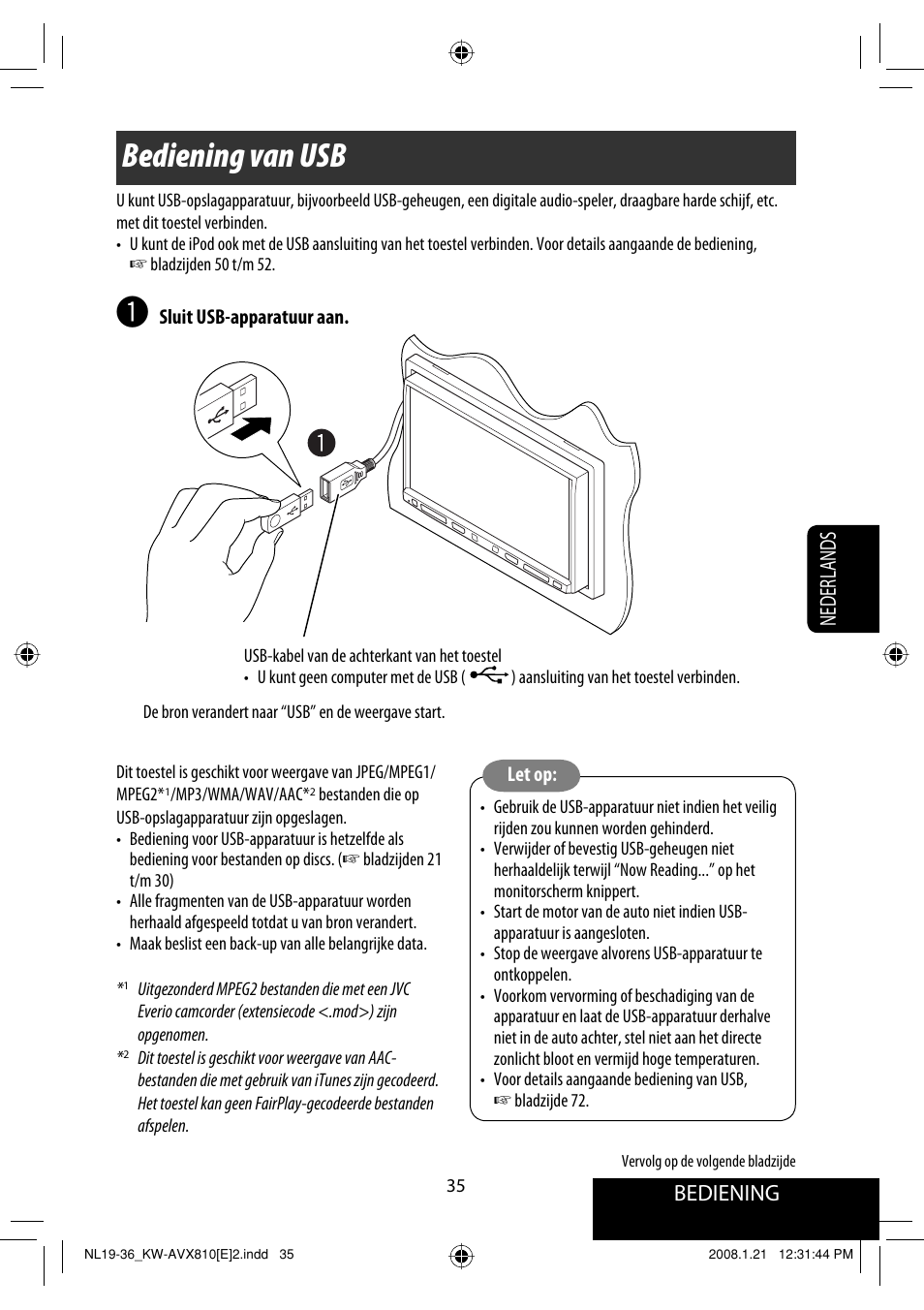 Bediening van usb, Bediening, Nederlands | JVC KW-AVX810 User Manual | Page 281 / 331