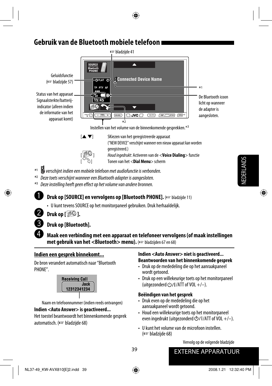 Gebruik van de bluetooth mobiele telefoon, Externe apparatuur, Nederlands | JVC KW-AVX810 User Manual | Page 285 / 331