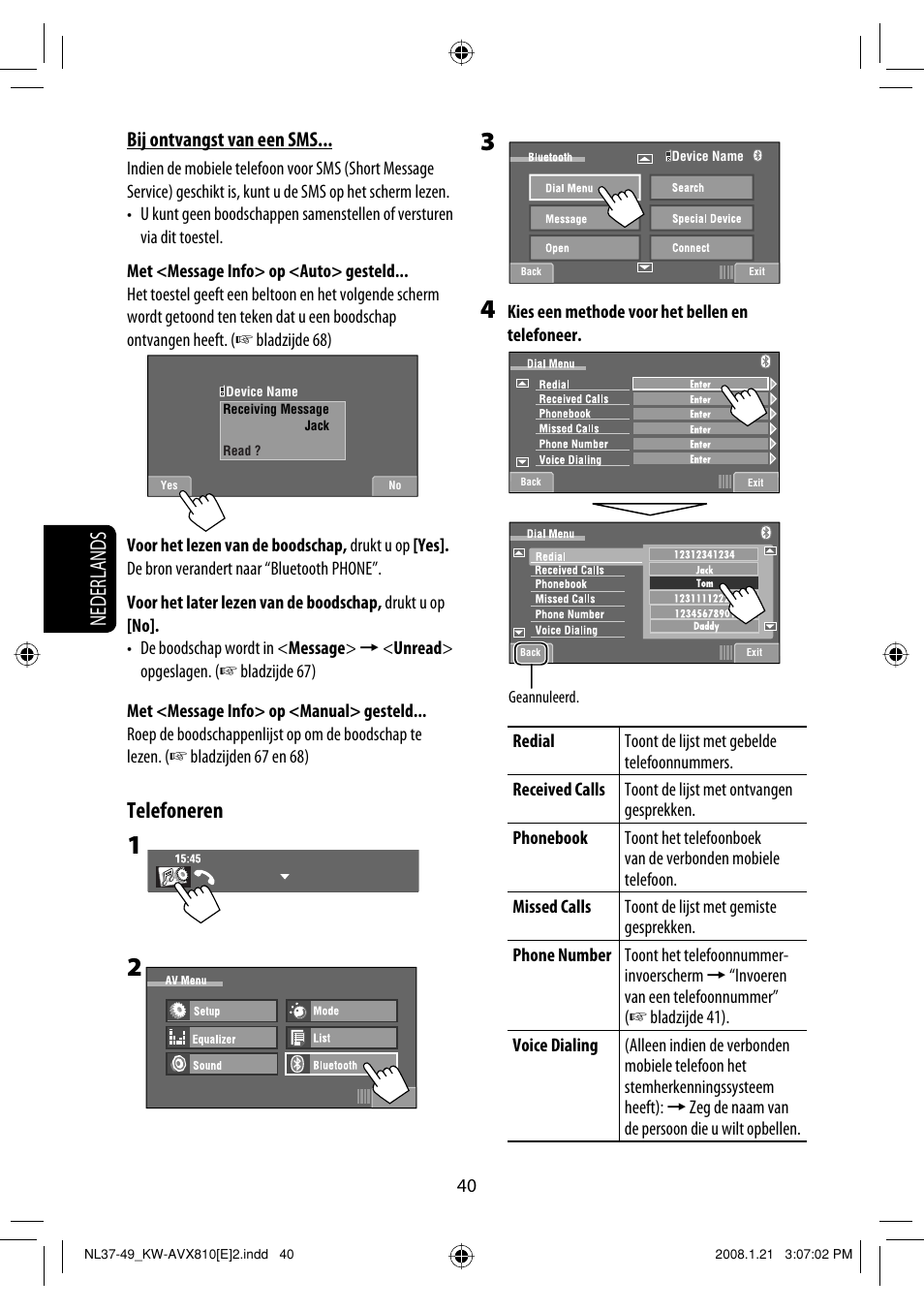 Telefoneren, Nederlands, Bij ontvangst van een sms | JVC KW-AVX810 User Manual | Page 286 / 331