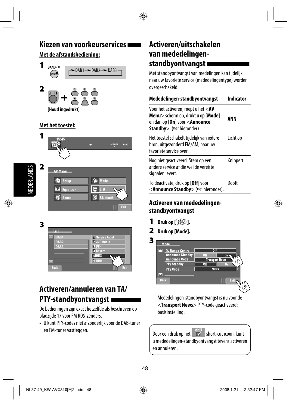 Kiezen van voorkeurservices, Activeren/annuleren van ta/ pty-standbyontvangst | JVC KW-AVX810 User Manual | Page 294 / 331