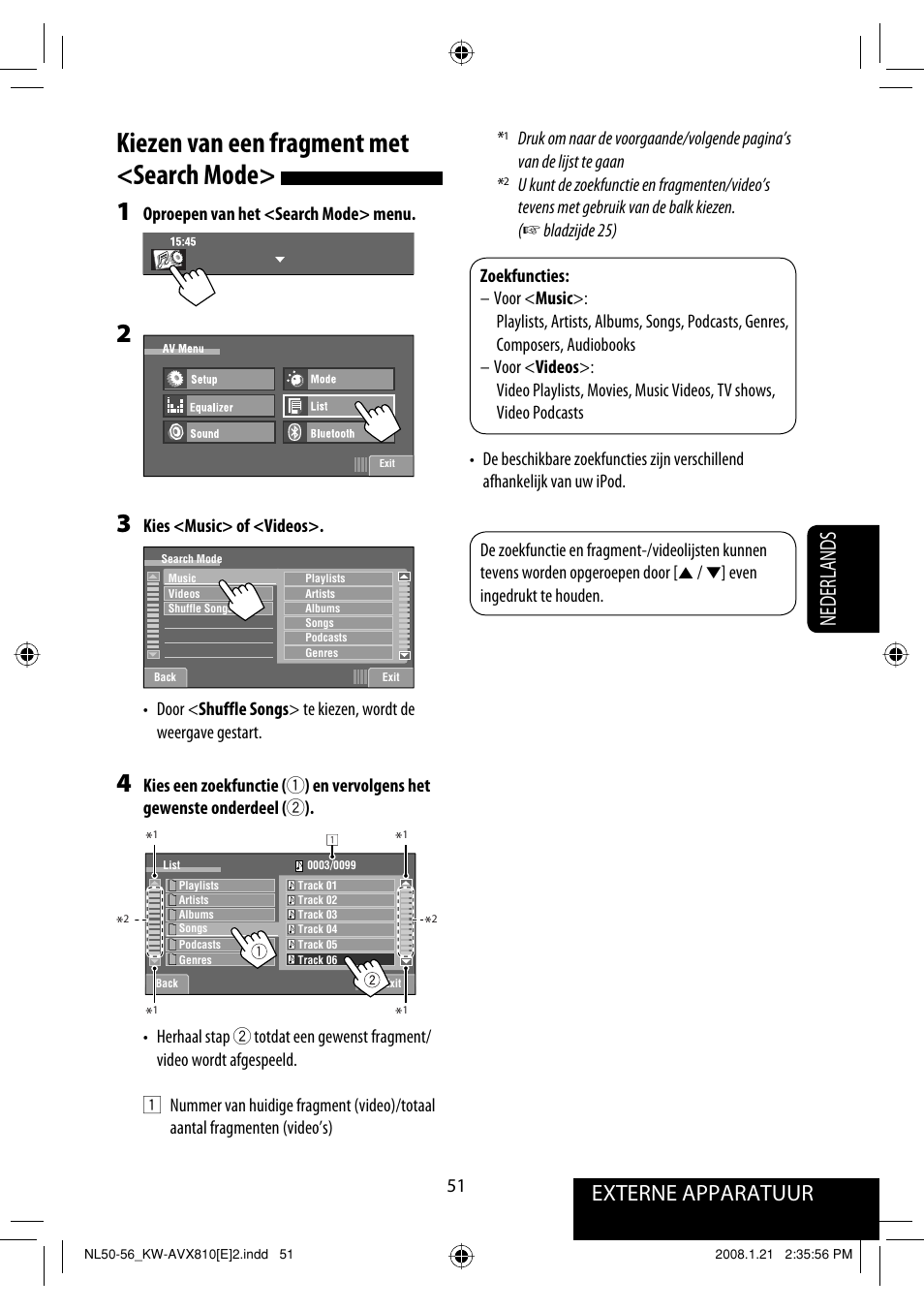 Kiezen van een fragment met <search mode, Externe apparatuur, Nederlands | JVC KW-AVX810 User Manual | Page 297 / 331