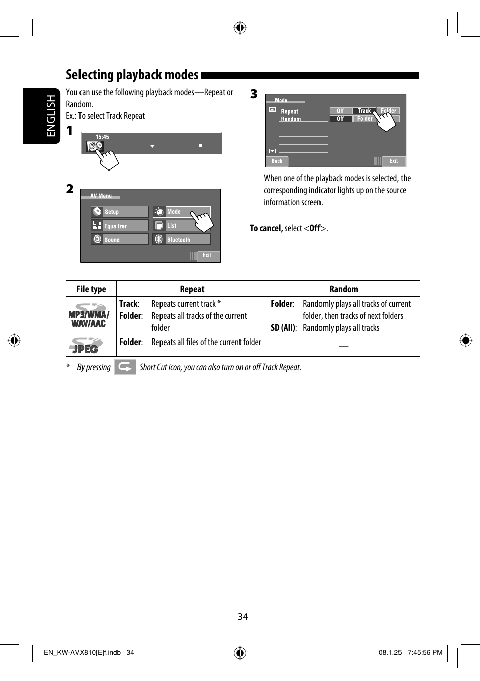 Selecting playback modes, English | JVC KW-AVX810 User Manual | Page 34 / 331