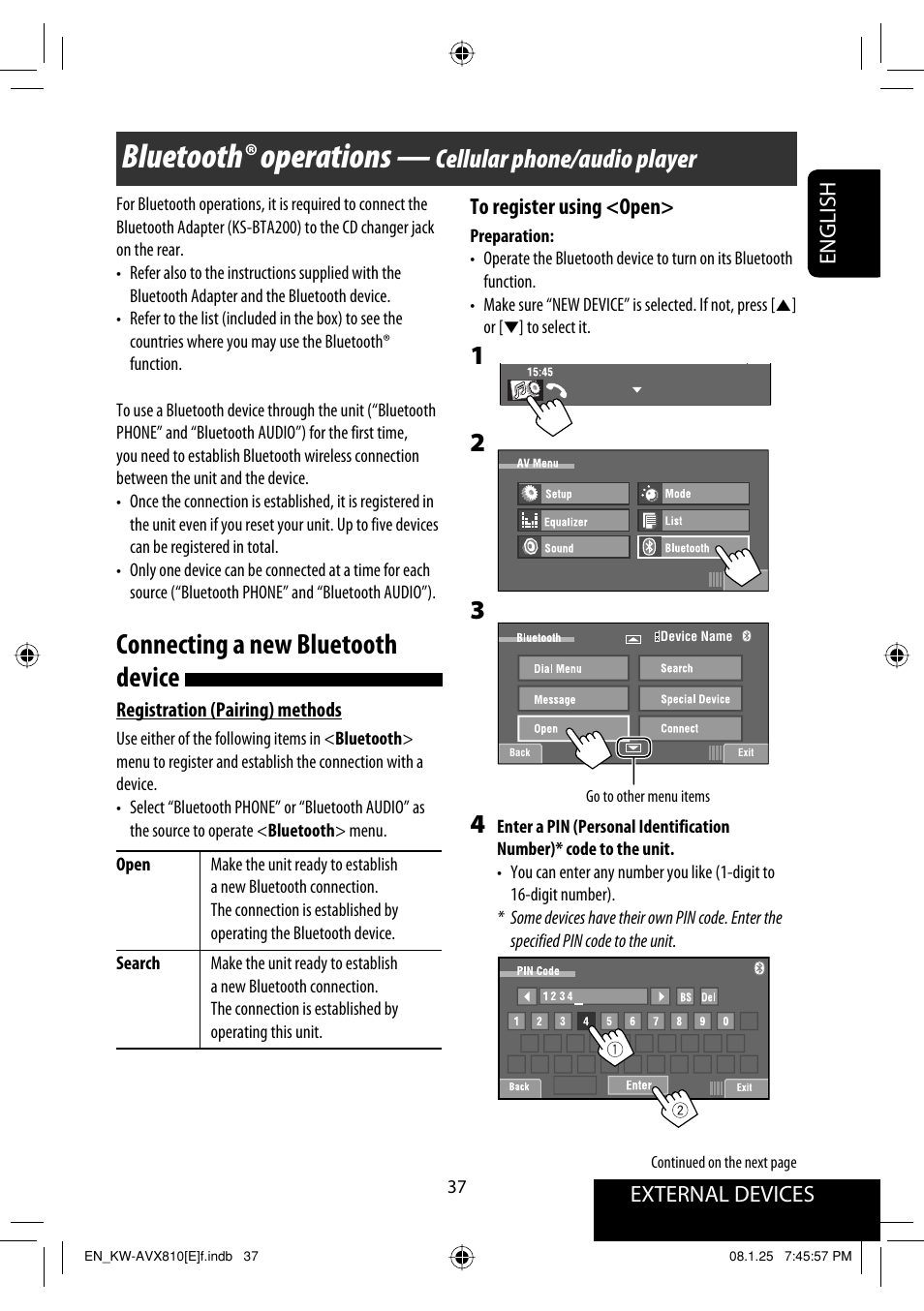 External devices, Bluetooth® operations, Connecting a new bluetooth device | Cellular phone/audio player, External devices english | JVC KW-AVX810 User Manual | Page 37 / 331