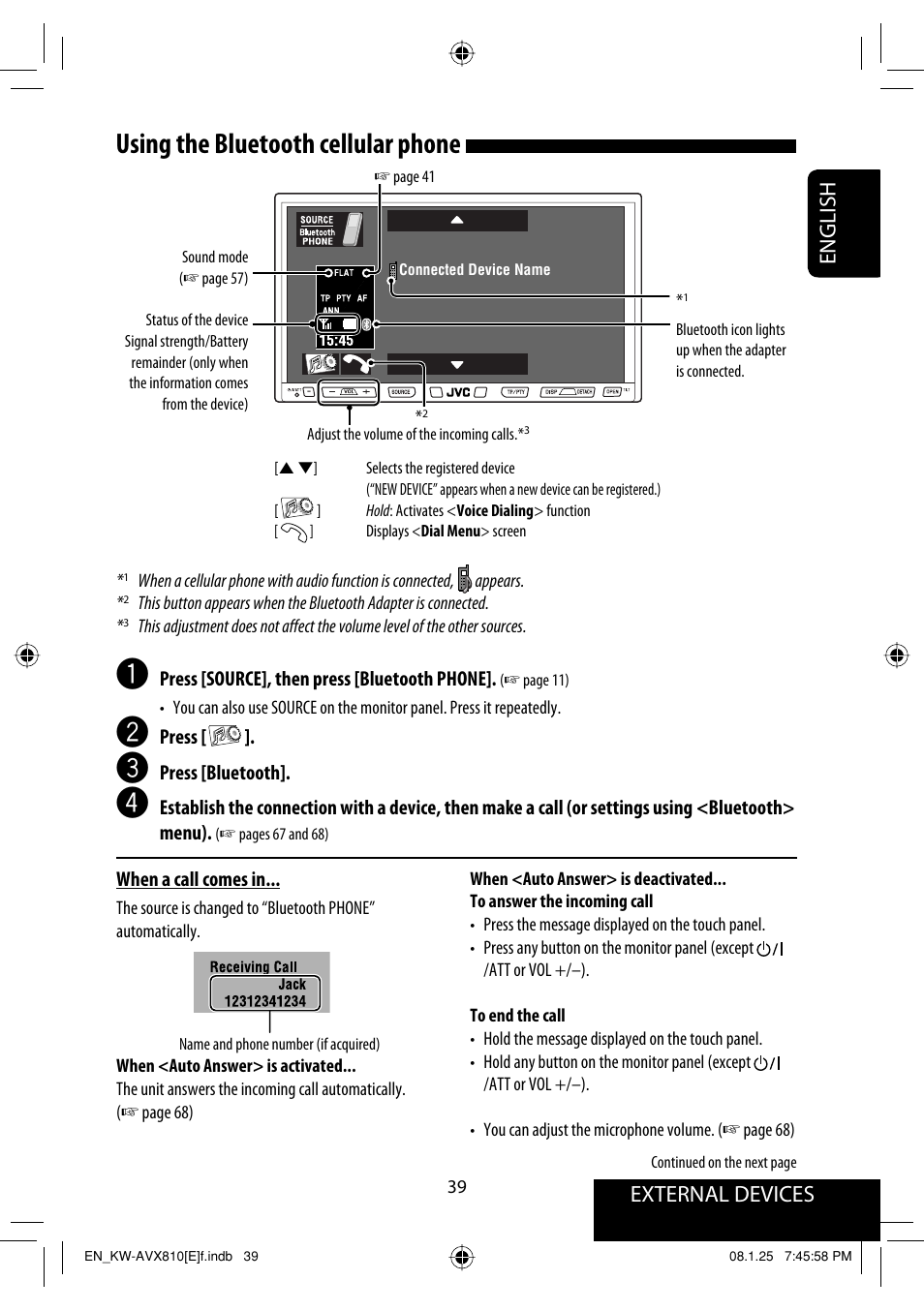 Using the bluetooth cellular phone, External devices english | JVC KW-AVX810 User Manual | Page 39 / 331